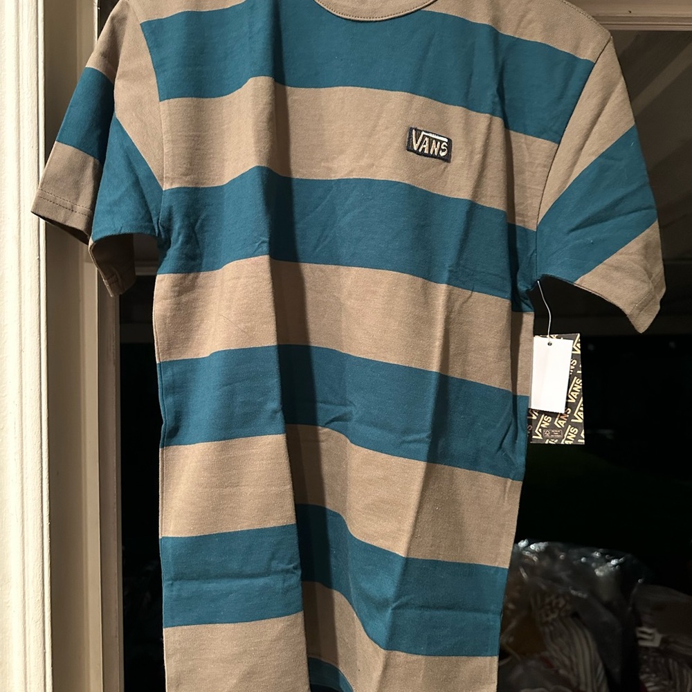 New Vans Men's Blue and Tan Striped Tee